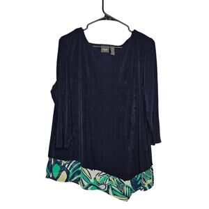 Chico's travelers long sleeve peekaboo sheer tunic top blue printed hem size 2